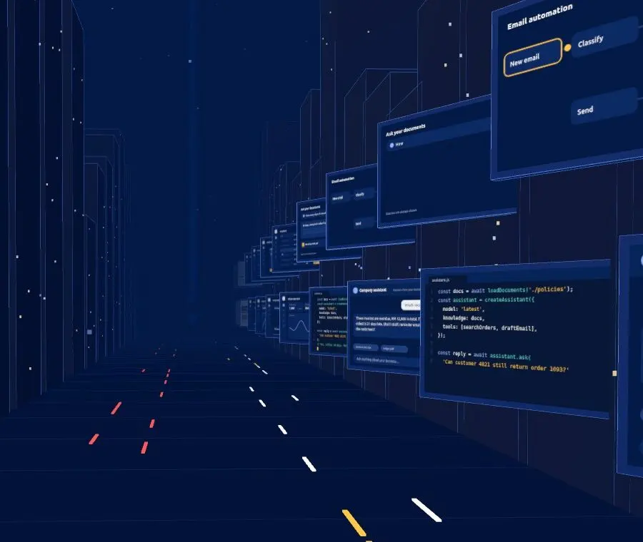 A street of the studio's 3D city with screens showing an email automation flow, a document assistant and code.