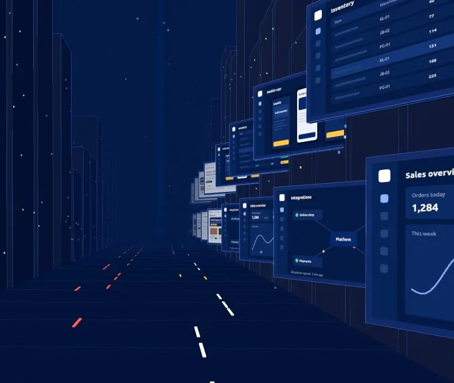 A street of the studio's 3D city with screens showing dashboards, charts and management software.