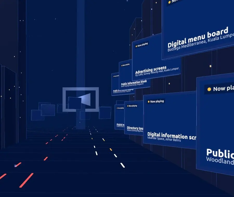 A street of the studio's 3D city with screens showing menu boards, timetables and advertising.