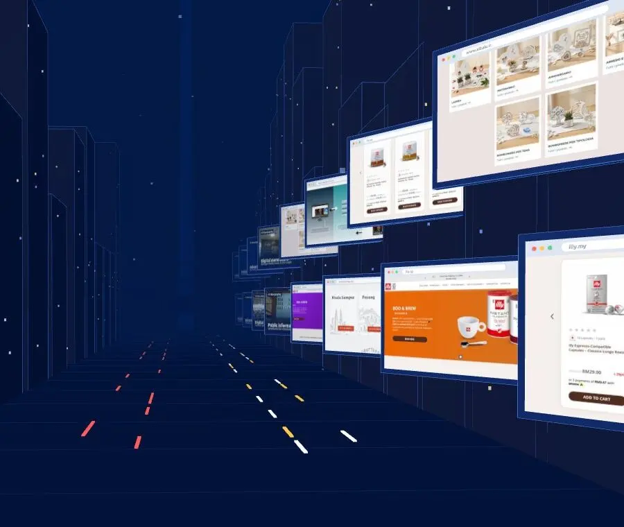 A street of the studio's 3D city with screens showing websites we built, including illy.my, illy.sg and albalu.it.